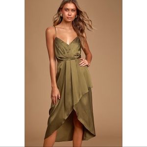 NWT Lulu’s Olive Green Satin High-Low Midi Dress
